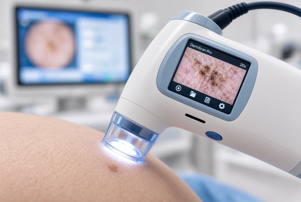 Dermoscope numérique posé sur la peau, l’écran affichant une vue grossie d’un grain de beauté.