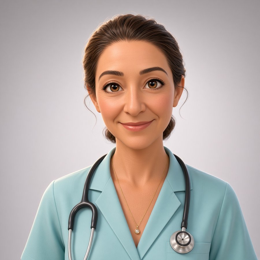 Portrait du Dr Pascale Lemedioni en blouse aqua avec un stéthoscope.