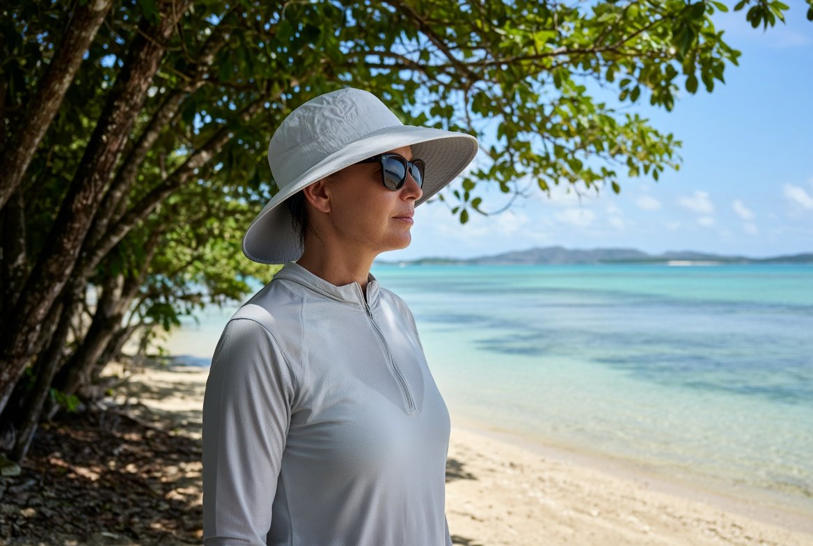 Une femme portant un chapeau large, des lunettes de soleil et un haut anti-UV, à l’ombre au bord du lagon.