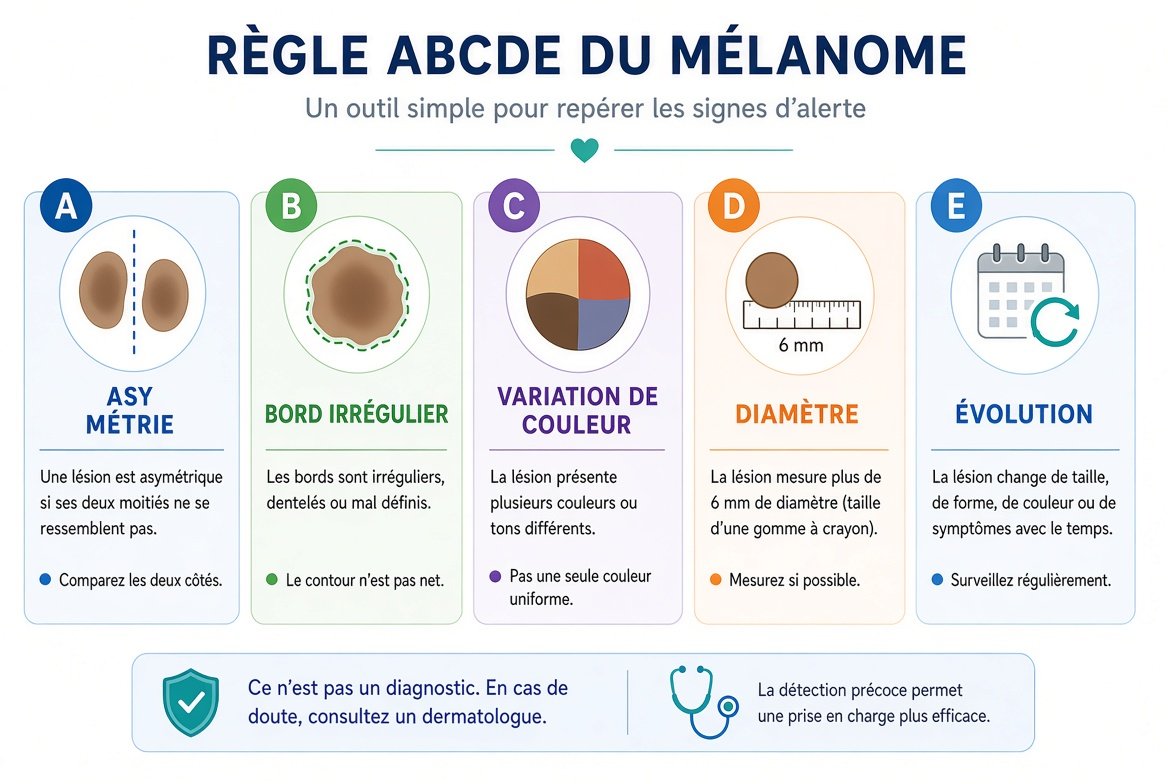 Infographie de la règle ABCDE du mélanome : Asymétrie, Bord irrégulier, variation de Couleur, Diamètre supérieur à 6 mm, Évolution.